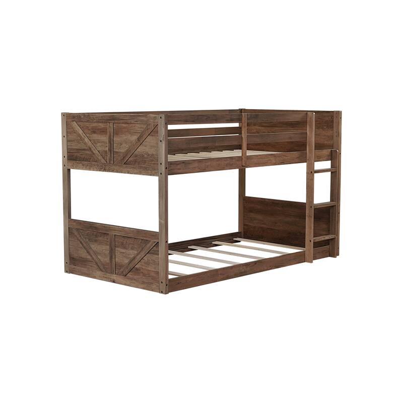 Floor Bunk Bed with Panelled Headboard and Footboard, Solid Rubber Wood Foundation with Safety Guardrails, Built-in ladder