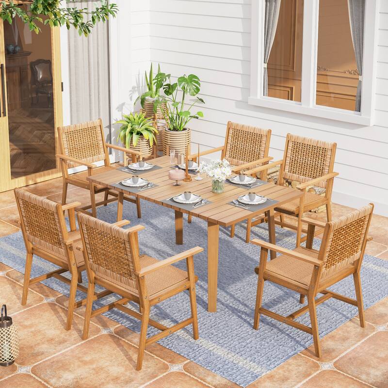 MAISON ARTS 5/7/9-Piece Acacia Wood Outdoor Dining Set, Teak Wooden Table & Dining Chairs with Wicker Seat and Back - 7-Piece