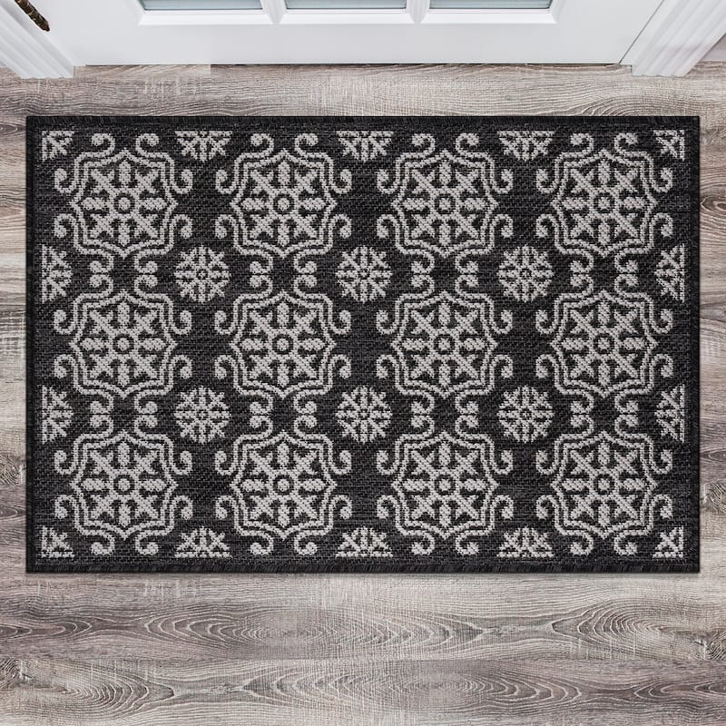 World Rug Gallery Transitional Geometric Textured Flat Weave Indoor/Outdoor Area Rug - 2'x3' - Black