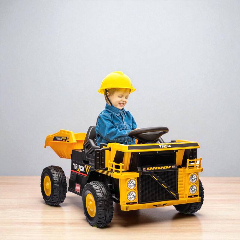 12V Kids Ride-On Dump Truck with Electric Dump Bed, Music, LED Headlights, Spring Suspension, Ages 3-5