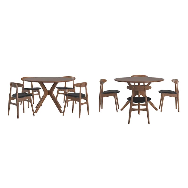 Sylvestria Mid-Century Walnut Finish Round Dining Set - 5-Piece Set - Black
