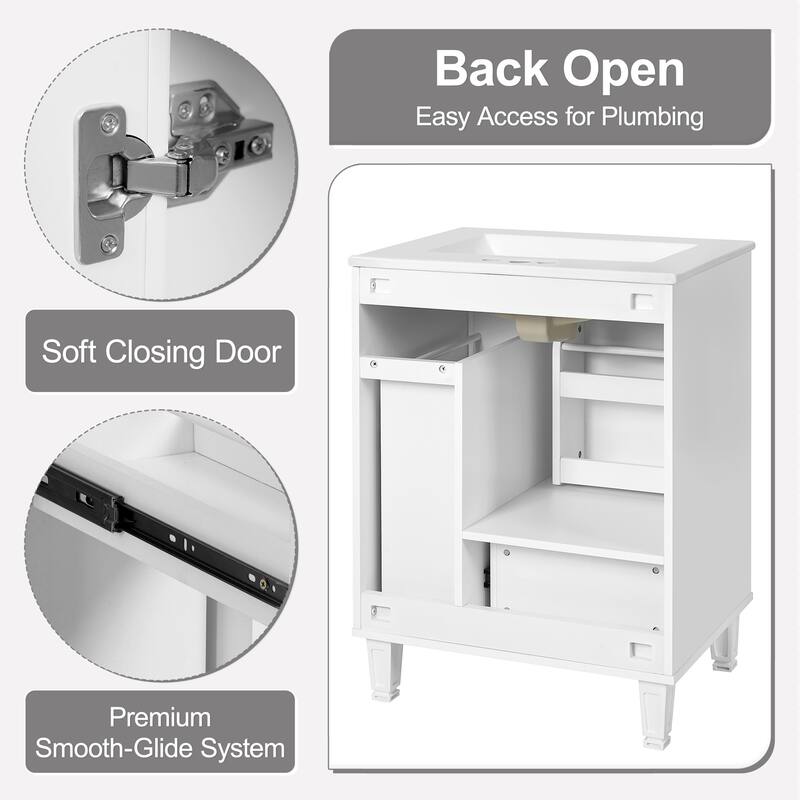 24" Bathroom Vanity with Sink, Freestanding Cabinet with Drawer, Pull-Out Basket & Shelf, Soft-Close Door, Ceramic Basin