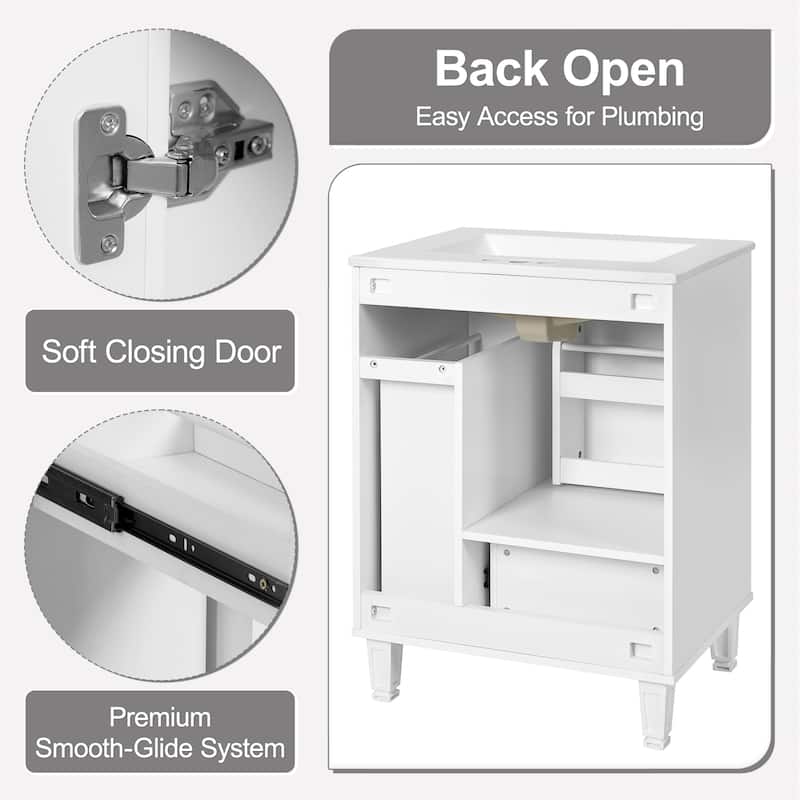 24" Freestanding Bathroom Vanity with Ceramic Sink, Door Shelf, Drawer, Pull-Out Basket, MDF and Wood Base