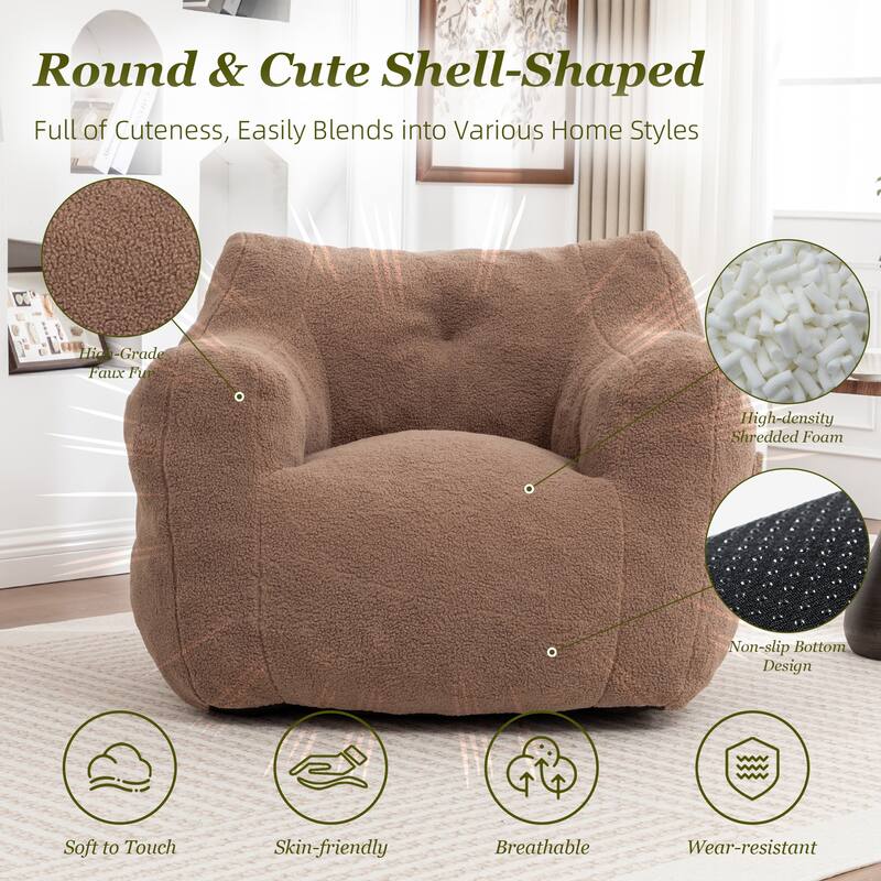 HOMEFUN Teddy Fabric Upholstered High-Density Foam Bean Bag Sofa Chair with Armrests
