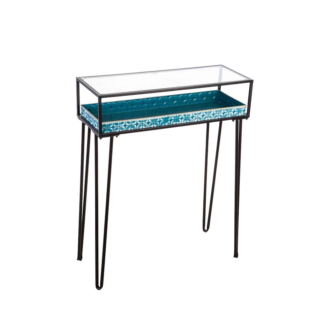 Metal Table with Glass Top and Teal Metal Planter Dish
