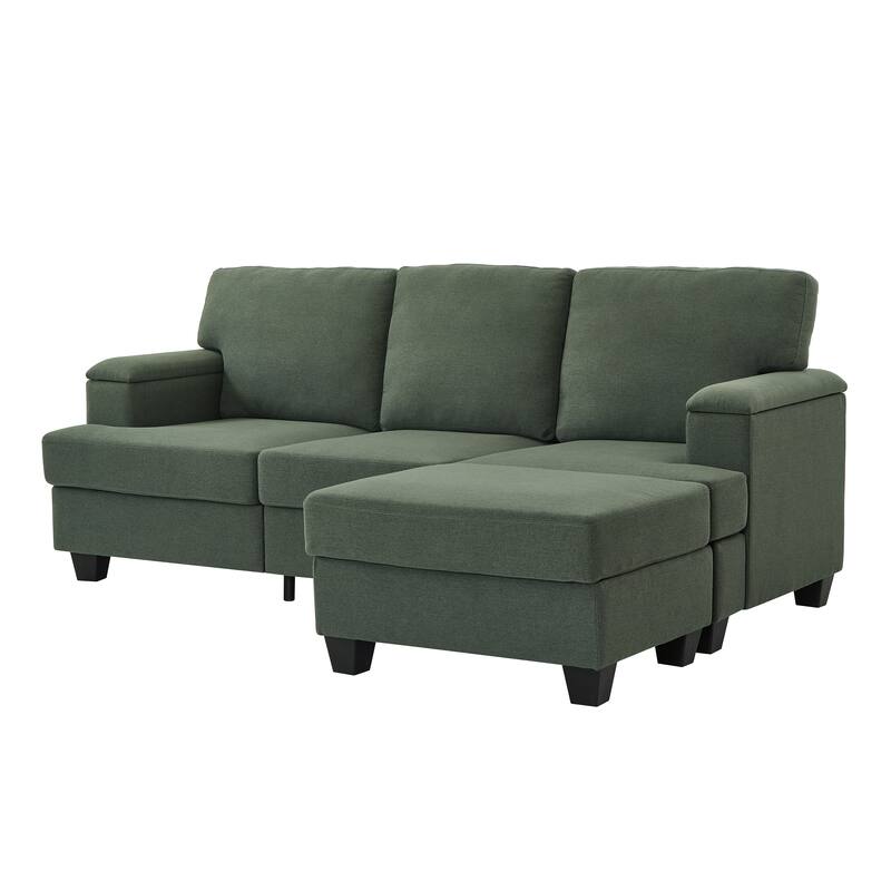 L Shaped 3 Seats Sofa with Armrest Organizer, Linen Sectional Sofa with Movable Ottoman, Comfy Upholstered 3 Seater Couch,