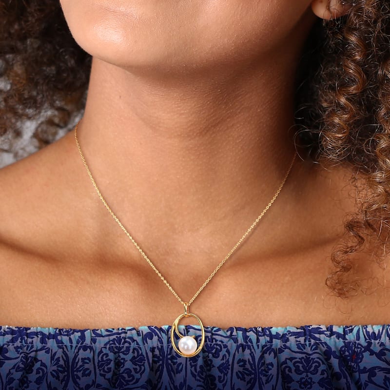 Miadora 9-9.5mm White Freshwater Cultured Pearl Fashion Pendant with Chain Yellow Silver 18KY Micron Plated