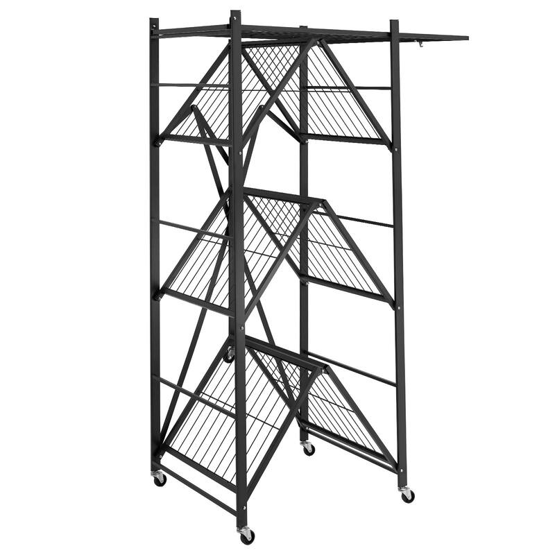 Black Carbon Steel Folding Garage Shelf with 5 Swivel Wheels - 21 x 36 x 60 in
