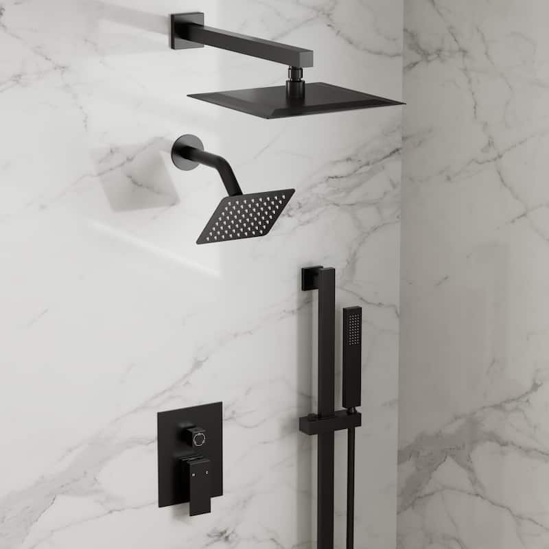 GRANDJOY Shower Faucet Set 10 and 6 inch Wall Mount Rainfall Dual Shower Heads with Handheld Shower Spray Combo High Pressure - Matte Black