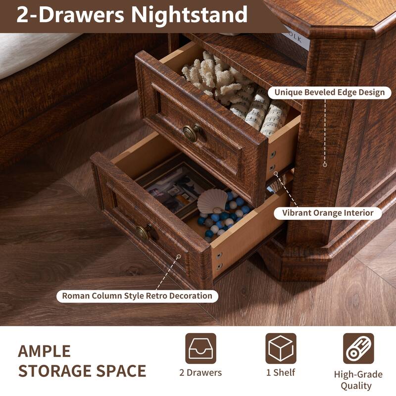 Farmhouse Nightstand Set of 2 with Charging Station, Beside Table