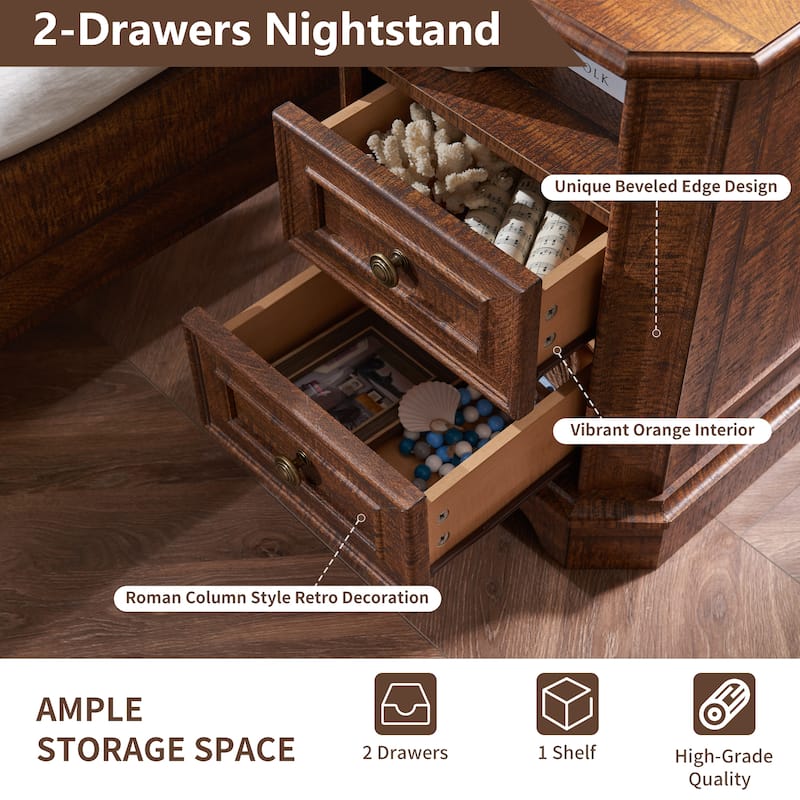 Farmhouse Nightstand with Charging Station, Beside Table for Bedroom