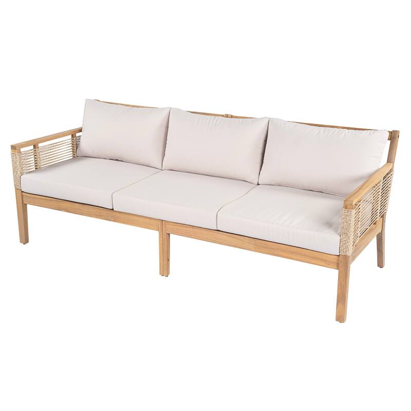 Acacia Wood 3-Seater Patio Sofa with Rope Weave - Outdoor Teak-Look Sofa with Beige Cushions & Pillows for Garden, Poolside