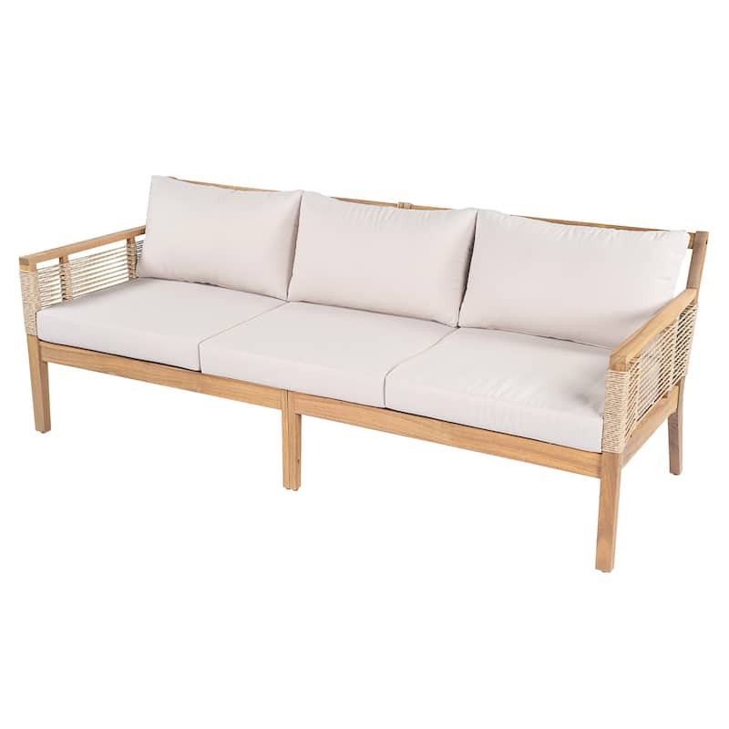 Roomfitters 5-Piece Patio Sofa Set, Modern Rope Weave Outdoor Furniture, 3-Seater Sofa, 2 Armchairs and 2 Tables, Teak+Beige