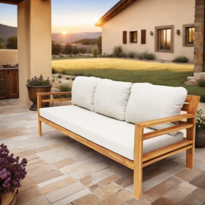 Modern Outdoor Acacia Wood Sofa with Cushions and Wooden Armrest