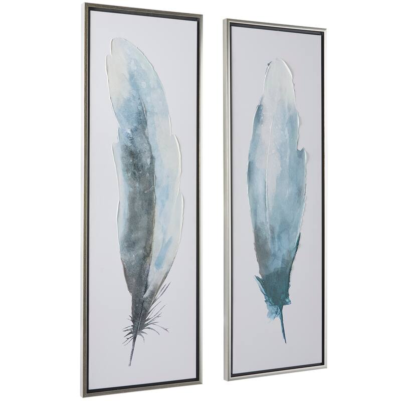 Blue Canvas Feathers Bird Framed Wall Art with Silver Frame (Set of 2)