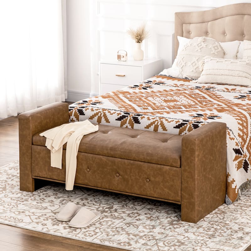 HOMCOM Rectangular Storage Ottoman Bench, Button Tufted Faux Leather Upholstered Footstool with Soft Closing Hinged Lid - Brown