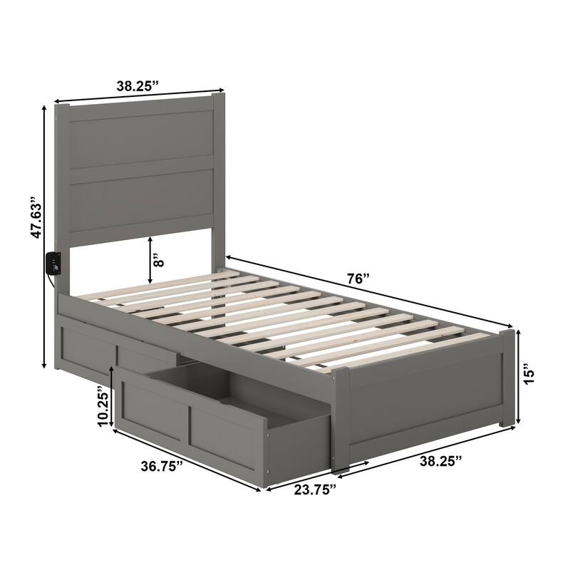 NoHo Twin Bed with Footboard and 2 Drawers in Grey