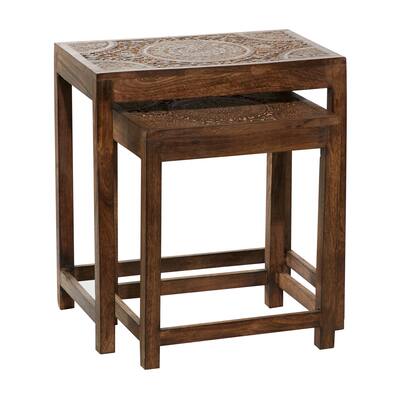 Mango Wood Floral Handmade Intricately Carved Accent Table with Carved Tabletops - Set of 2 Brown or White - Roche River Decor
