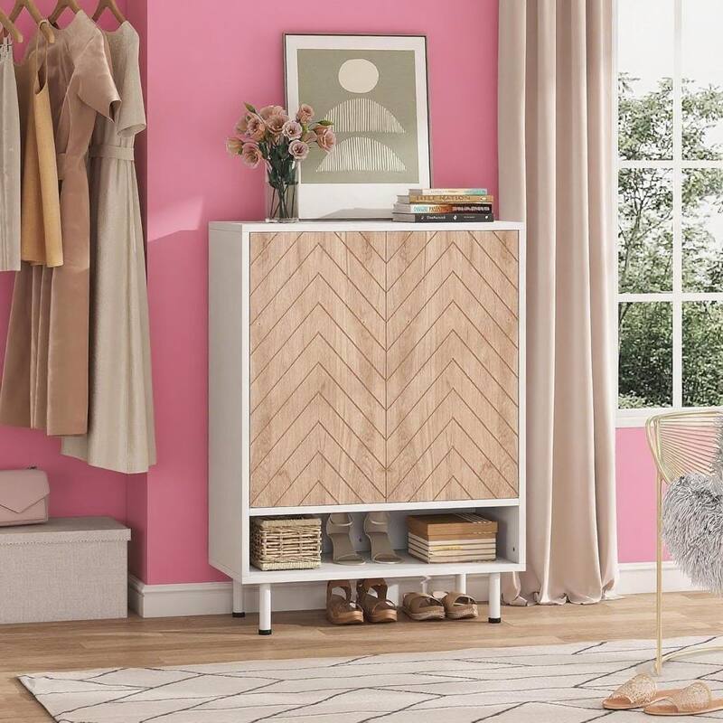 5-Tier White MDF Shoe Cabinet with Rustic Herringbone Design for Entryway or Bedroom - 28.74”L x 13.77”W x 43.31”H