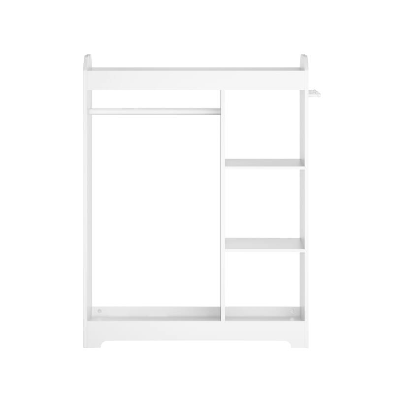 Kids Dress Up Storage with Mirror and Hooks, Wooden Clothes Rack with Hanging Rod, 3 Side Hooks, Storage Shelves and Top Shelf