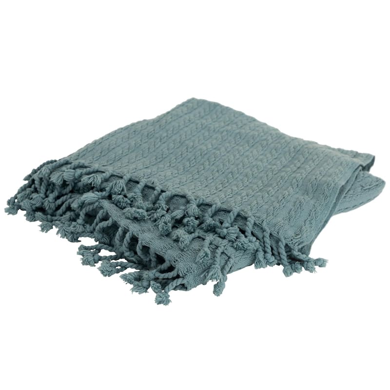 HomeRoots 50" X 60" Teal Cotton Cable Knit Throw Blanket with Tassels