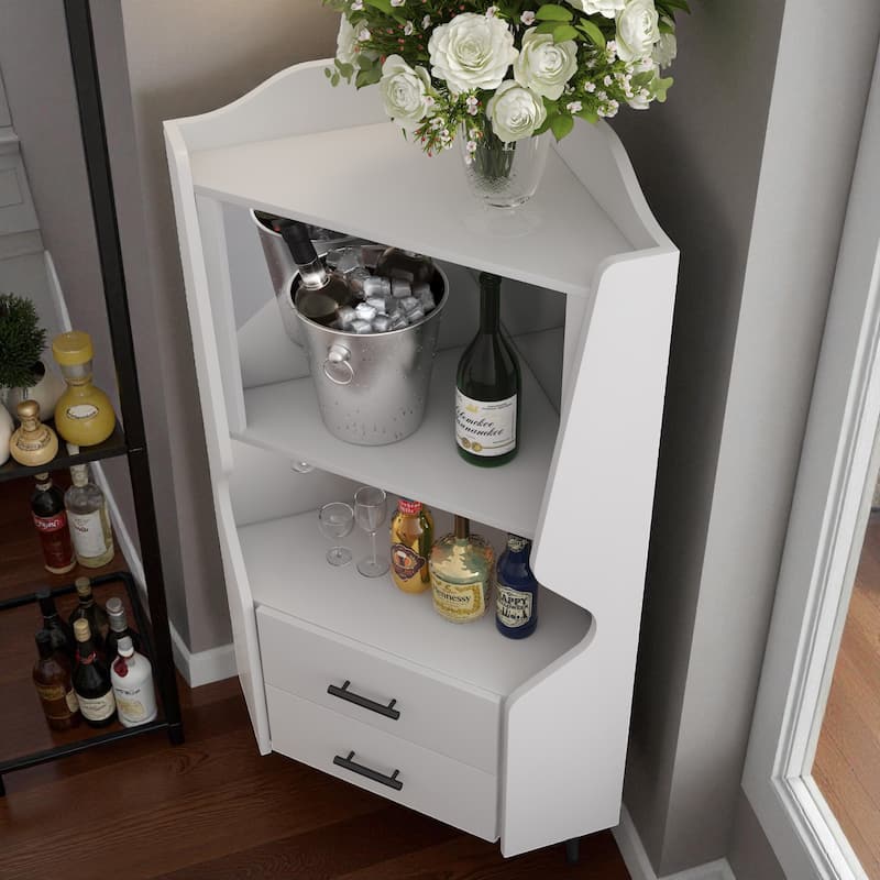 Modern Wooden Corner Bar Cabinet with Mirrored Back, 2 Drawers and Open Shelves, Buffet Sideboard for Dining or Living Room
