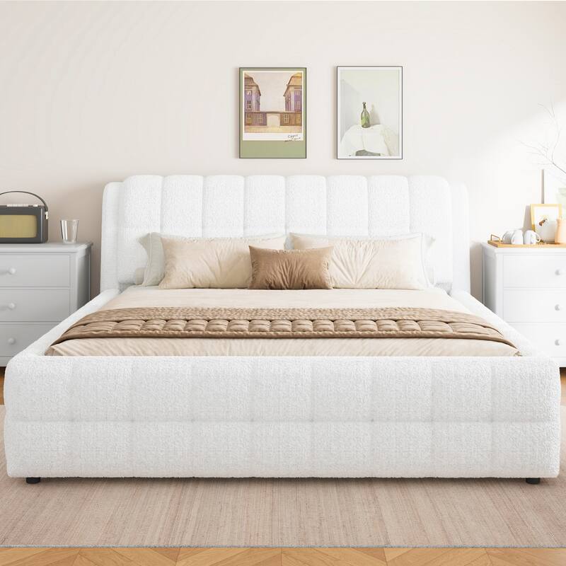 Modern Upholstered Platform Bed Frame Grounded Bed Frame with Striped Headboard/Wood Slats Support/No Box Spring/Easy Assembly - White - King