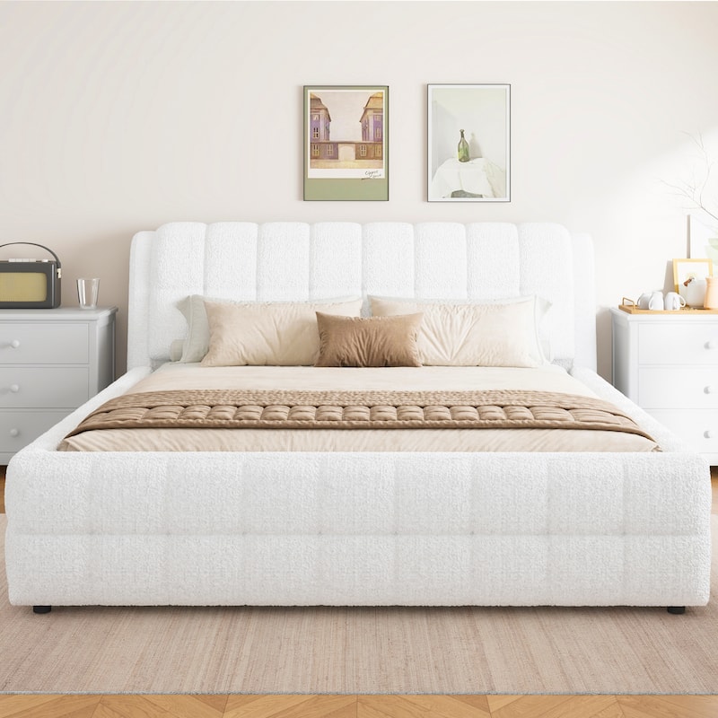 Upholstered Platform Bed with Thick Wingback Headboard and Wood Slat Support