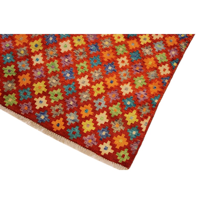 Modern Balochi Velazquez Orange/Green Hand Knotted Wool Rug - 5'0'' x 6'6''