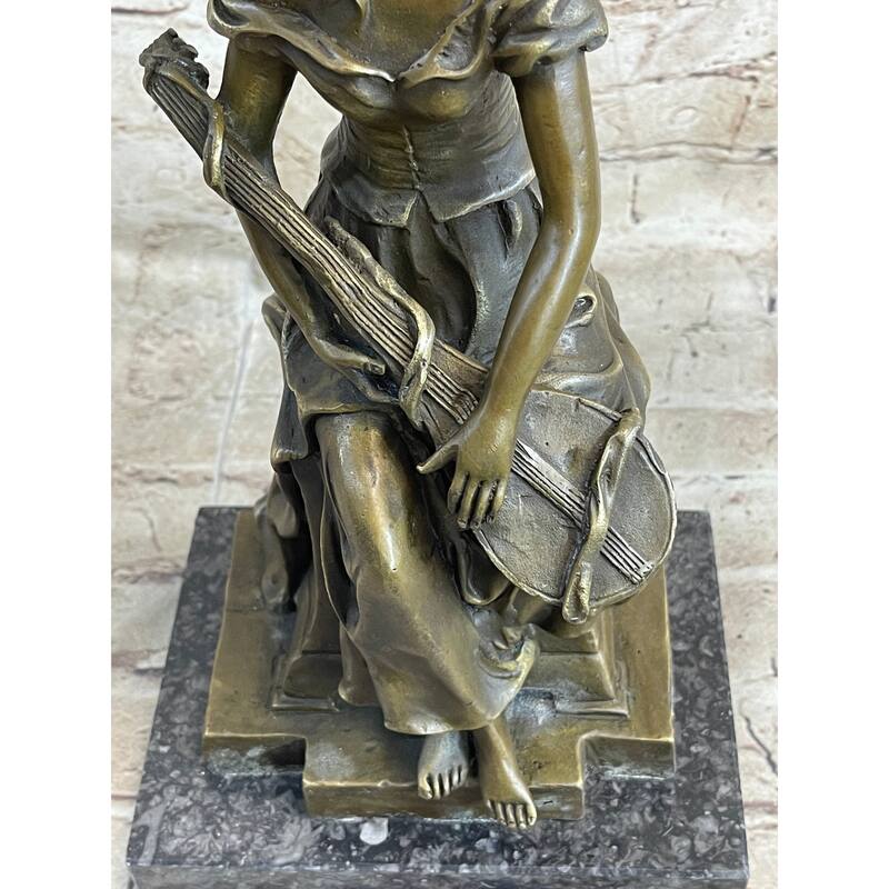 Young Girl With Guitar Musical Instrument Musician Bronze Statue Sculpture Figure 13 Inches X 6.5 Inches