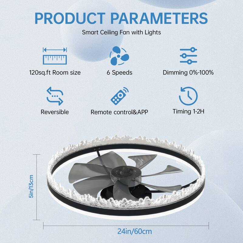 Modern LED Ceiling Fan with Light - 24" Dimmable Ceiling Light with Invisible Blades and Crystal Design - Black