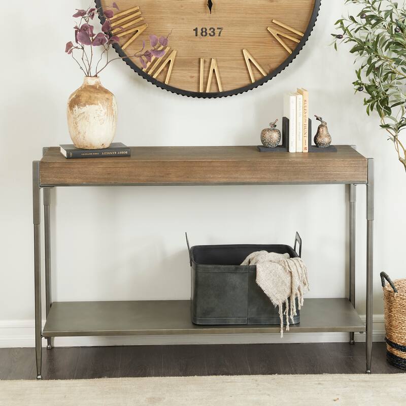 Gray Metal 1 Shelf Console Table with Brown Wood Top - 49 x 14 x 32 - 49 x 14 x 32 - Brown - Metal