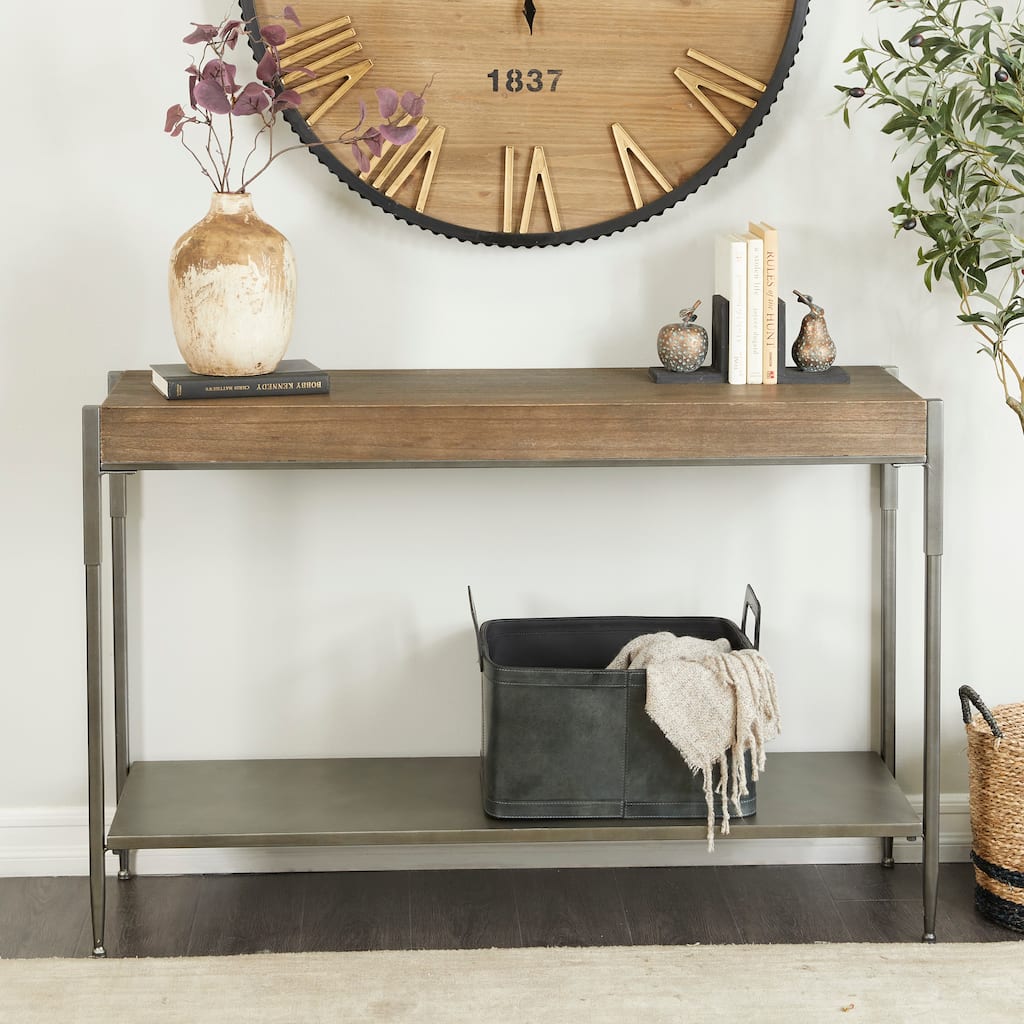 Gray Metal 1 Shelf Console Table with Brown Wood Top - 49 x 14 x 32