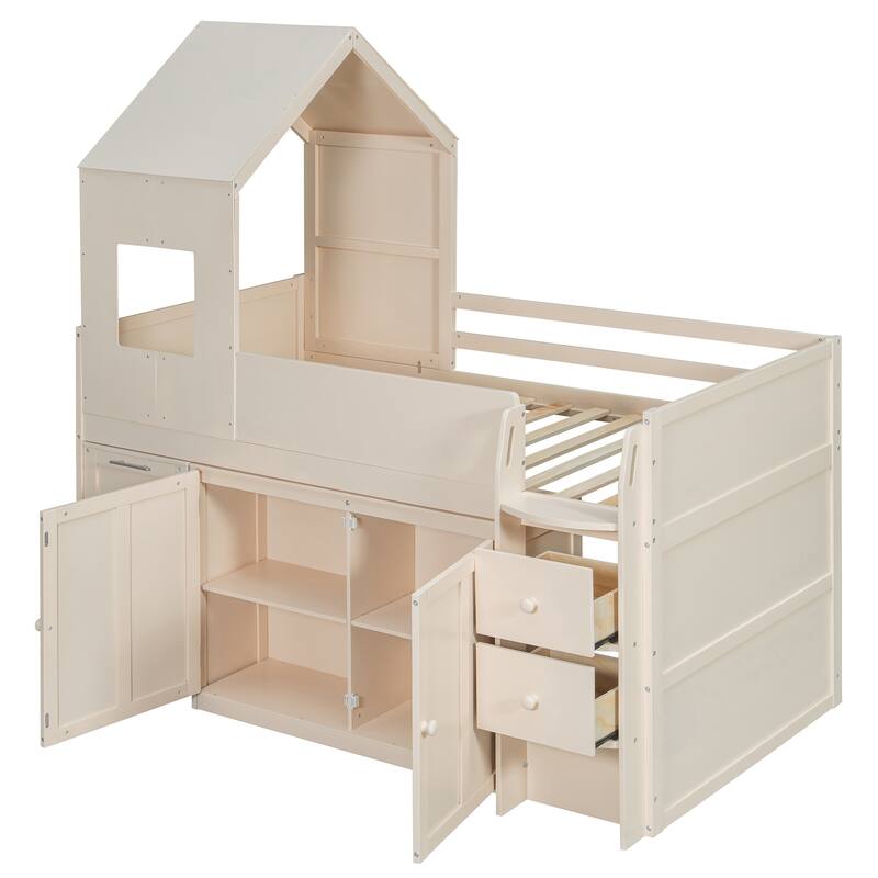 House-Style Kids Loft Bed Frame with Cabinets, Desk, Twin Size Wooden Loft Bed with Safety Guardrail & Storage Ladder