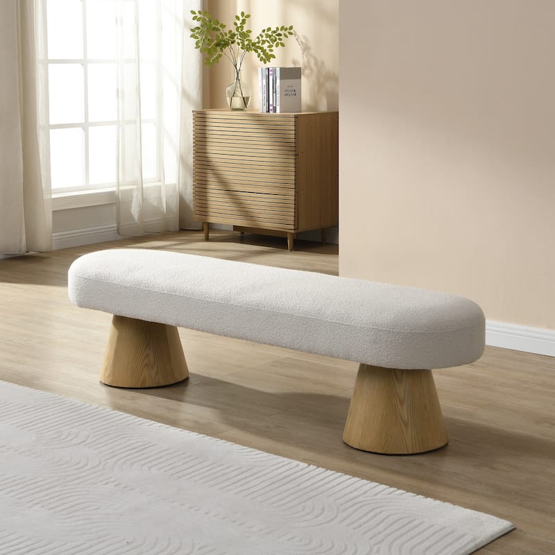 Dining Bench for Dining Room, Upholstered Bench, Boucle Ottoman, 64"L Orange Stool Top Wood Leg 300 LBS Weight Capacity - Beige