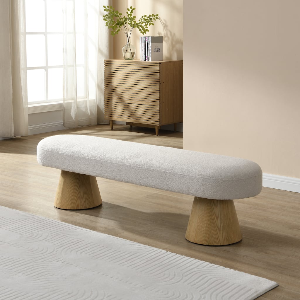 Roomfitters 64" Upholstered Dining Bench with Wood Legs for Dining Room, Boucle Ottoman for Bedroom and Living Room