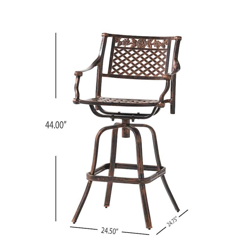Roomfitters Swivel Patio Bar Stool with Floral Design, Cast Aluminum Frame, Adjustable Height, Comfortable Armrests