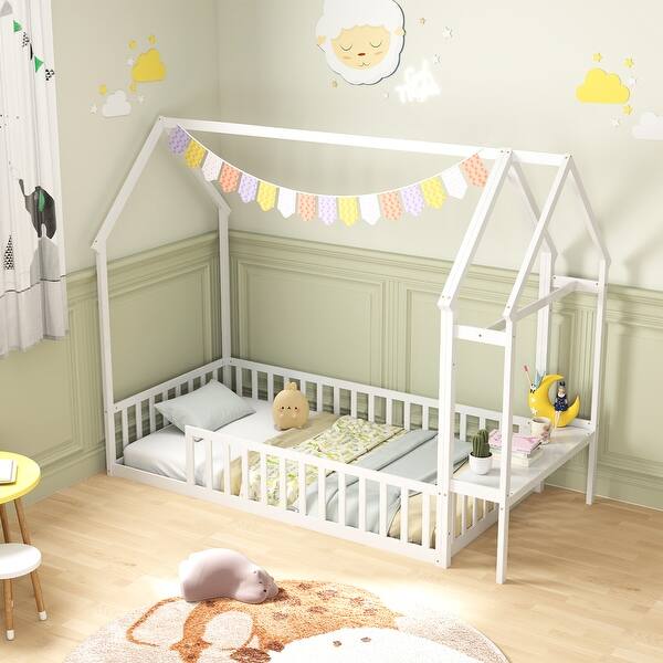 slide 2 of 9, White Twin House Montessori Floor Bed Frame with Storage Shelf and Detachable Clothes Hanger White