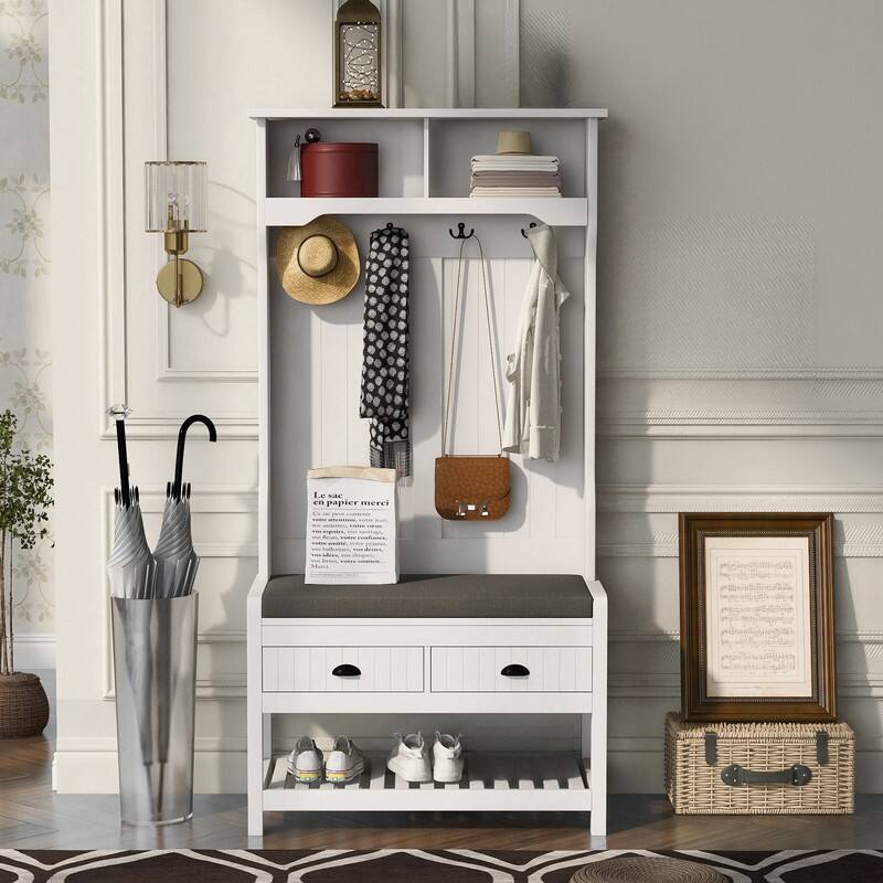 69"H Hall Tree with 4 Hooks Coat Hanger,Entryway Bench,Storage Bench,3-in-1 Design for Entrance,Hallway