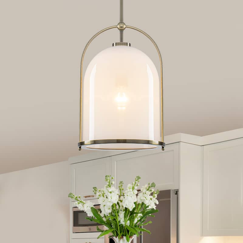 Brushed Gold Bucket Pendant Light with White Glass Dome Bedroom Foyer - Dia.11.02-in - Dia.11.02-in