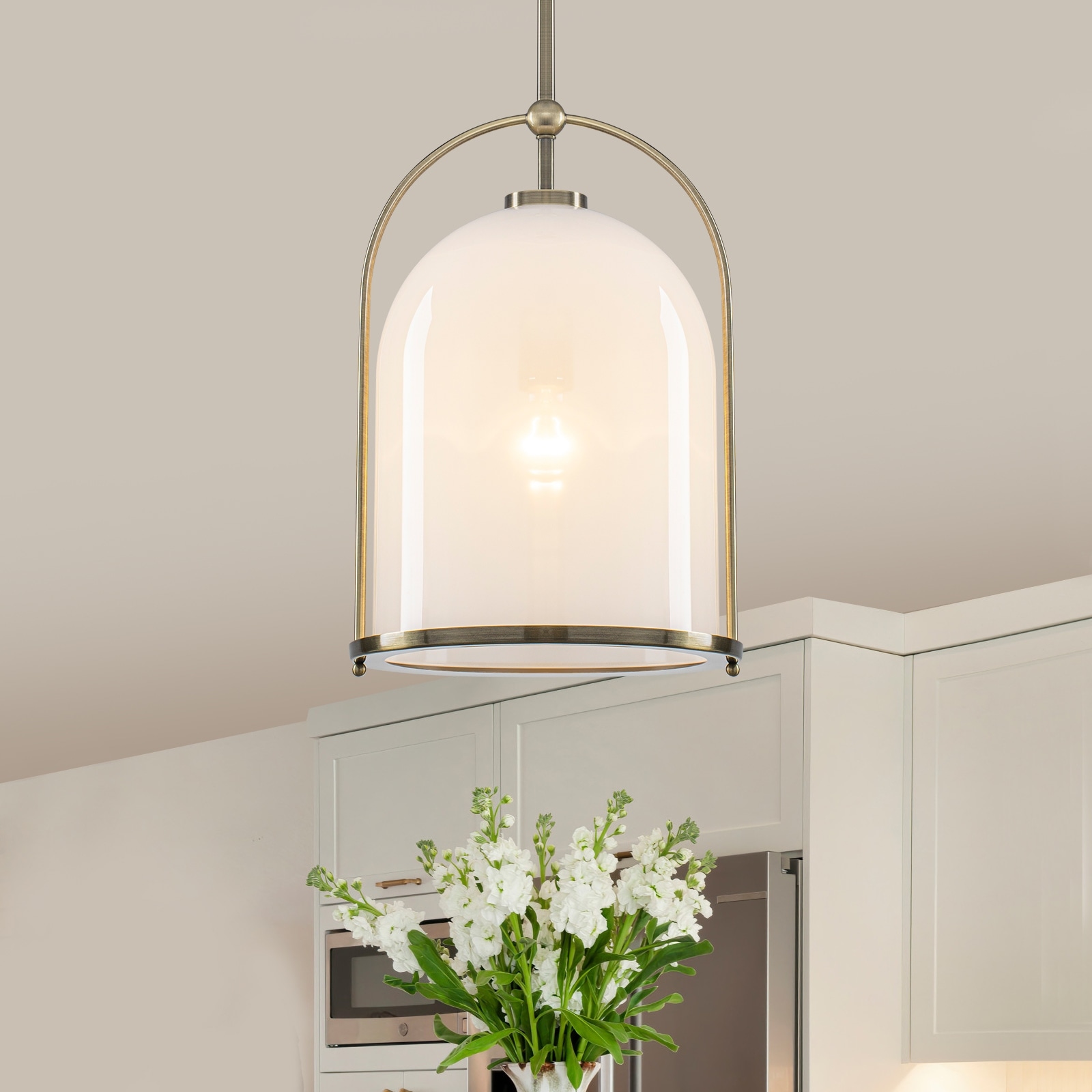 Brushed Gold Bucket Pendant Light with White Glass Dome Bedroom Foyer - Dia.11-In