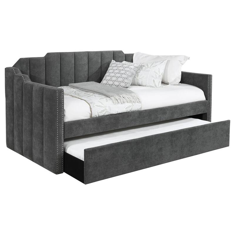 Charcoal Velvet Upholstered Twin Daybed with Channel Tufting, Nailhead Trim and Hidden Trundle for Guestroom