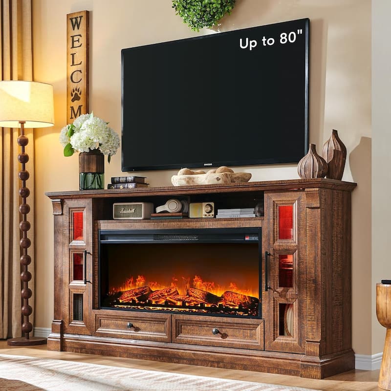 Farmhouse Fireplace TV Stand for up-to-80 TV, Entertainment Center - Reclaimed Barnwood