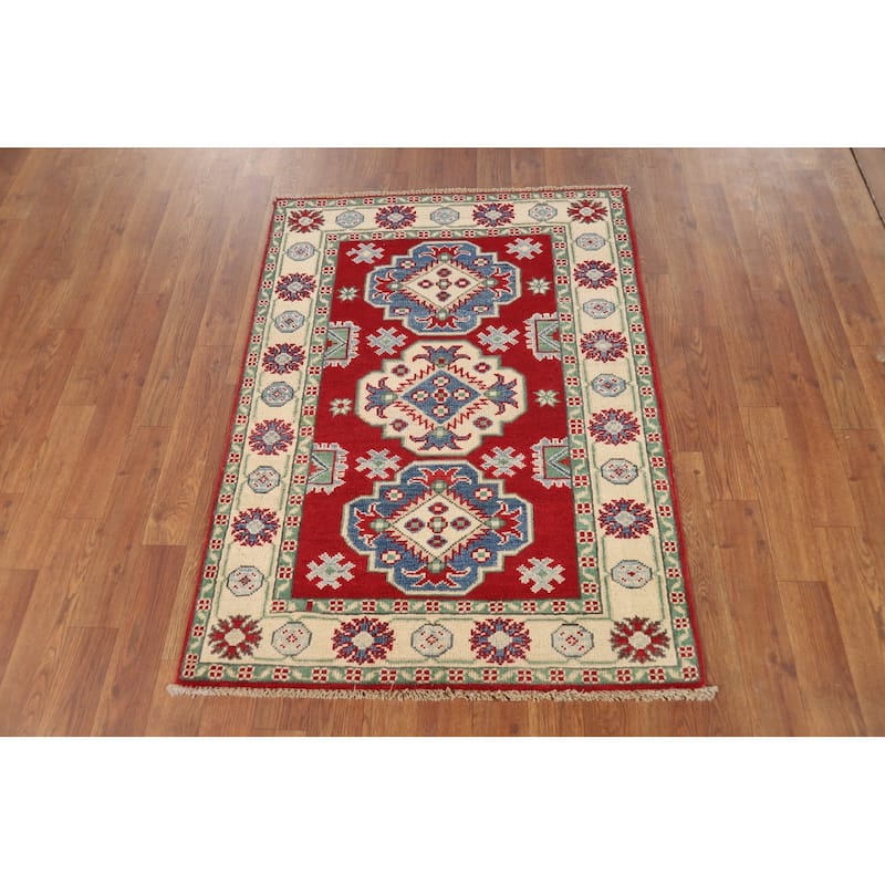 Red Kazak Foyer Rug Handmade Geometric Oriental Wool Carpet - 2'9"x 3'9"