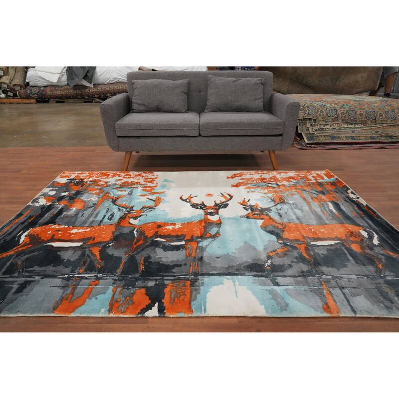 Hand Knotted Oriental Viscose Silk Carpet Modern Animal Pictorial Greys & Charcoal Abstract Area Rug - 7' 11'' X 5' 7''