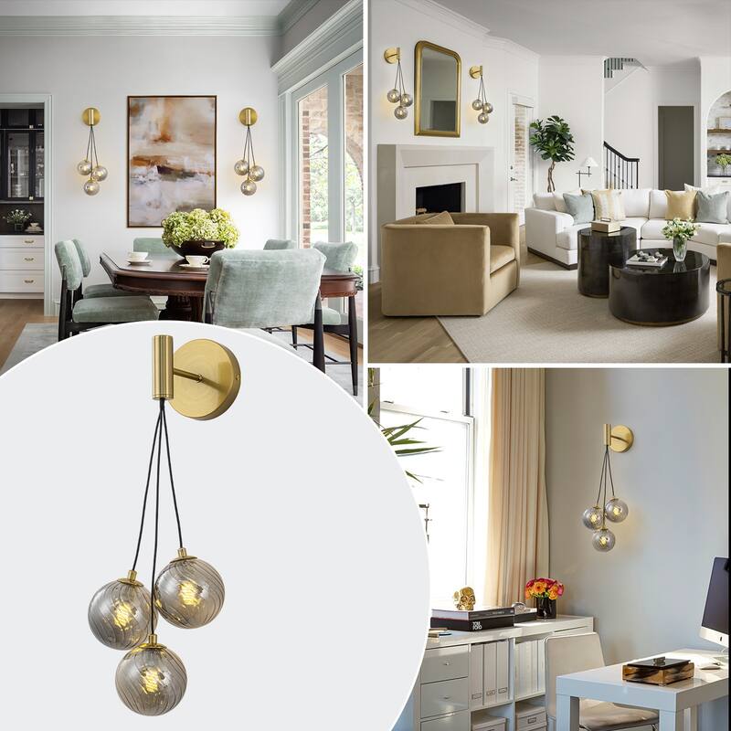 3-Light Modern Gold Metal Wall Sconce Glass Globe Shades