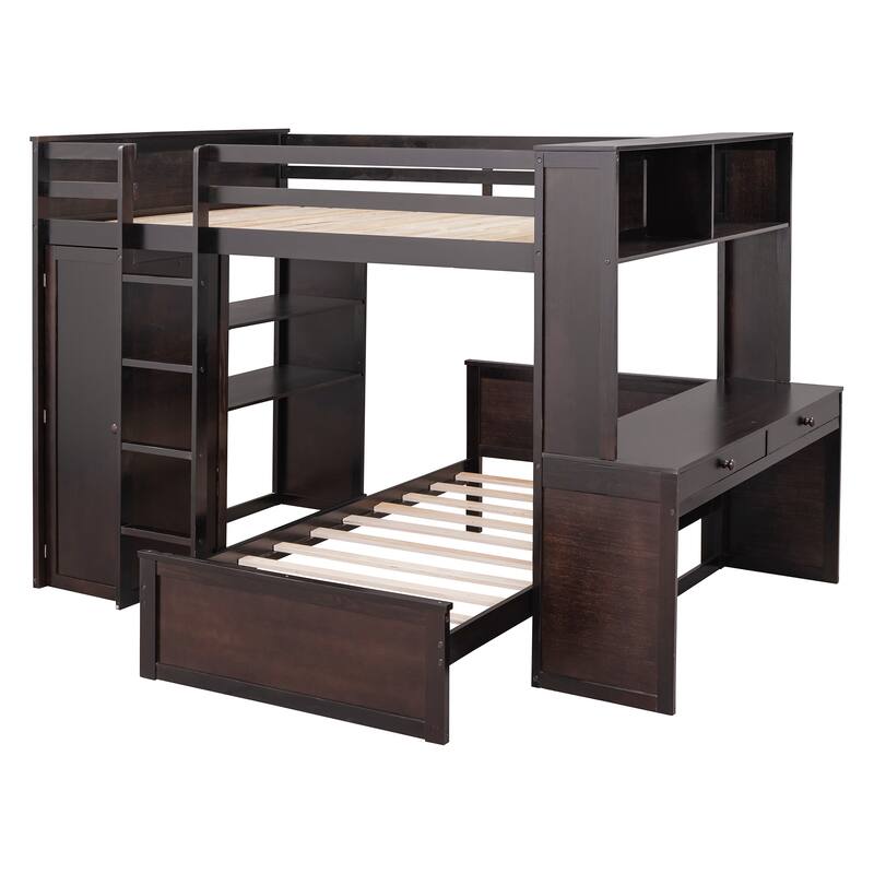 Multifunctional Full Size Loft Bed w/ Twin Size Platform Bed, Shelves, Wardrobe, Desk, Drawers, Ladder, Guardrail and Bookshelf