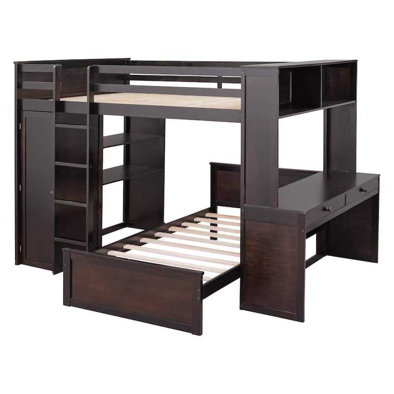 Wood Full Size Loft Bed, Bunk Bed with a Twin Size Stand-Alone Bed, with Shelves,2 Drawer, Desk,and Wardrobe