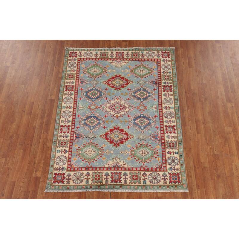 Light Blue Geometric Kazak Rug Living Room Hand-Knotted Wool Carpet - 5'0" x 6'7"