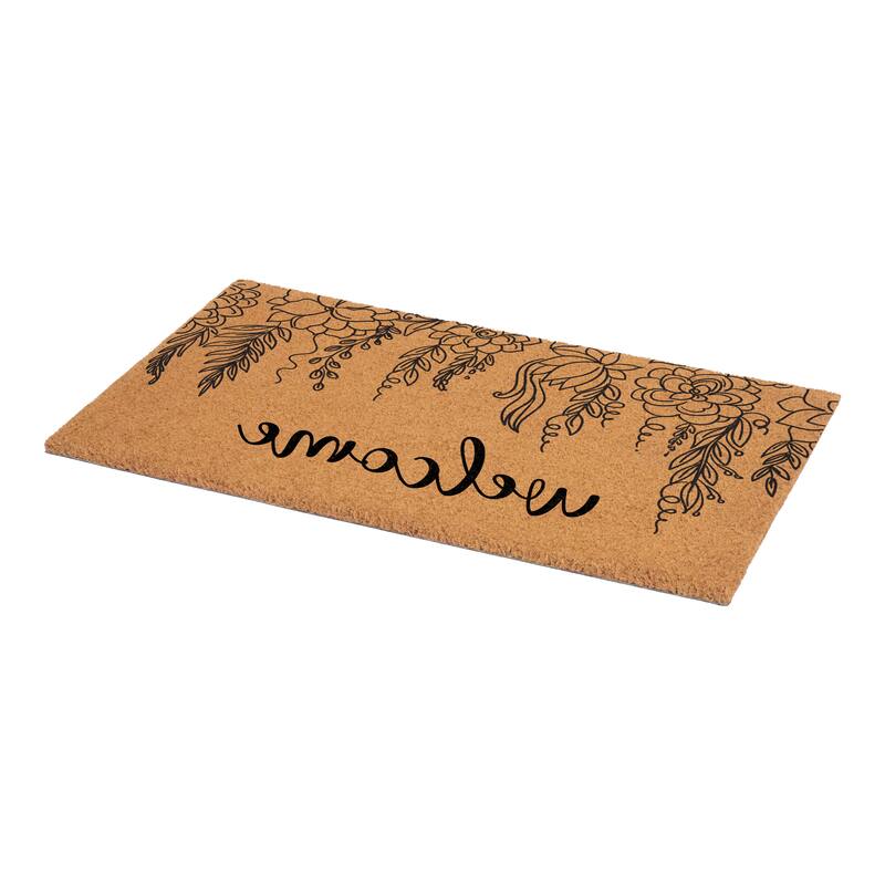 HomeRoots 24" X 36" Brown And Natural Floral Welcome Outdoor Coir Door Mat - 24.00' X '36.00
